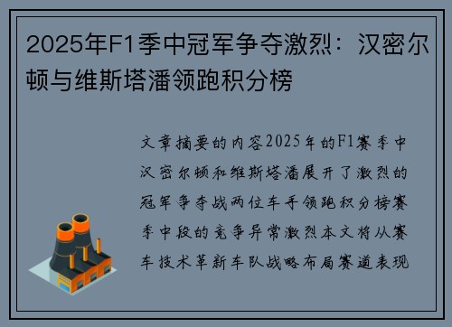 2025年F1季中冠军争夺激烈：汉密尔顿与维斯塔潘领跑积分榜