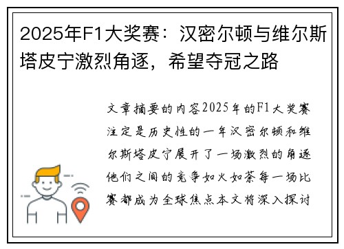 2025年F1大奖赛:汉密尔顿与维尔斯塔皮宁激烈角逐,希望夺冠之路